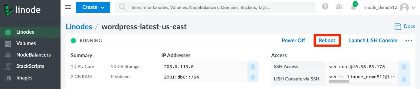 Cloud Manager Linode Detail Menu Reboot Option